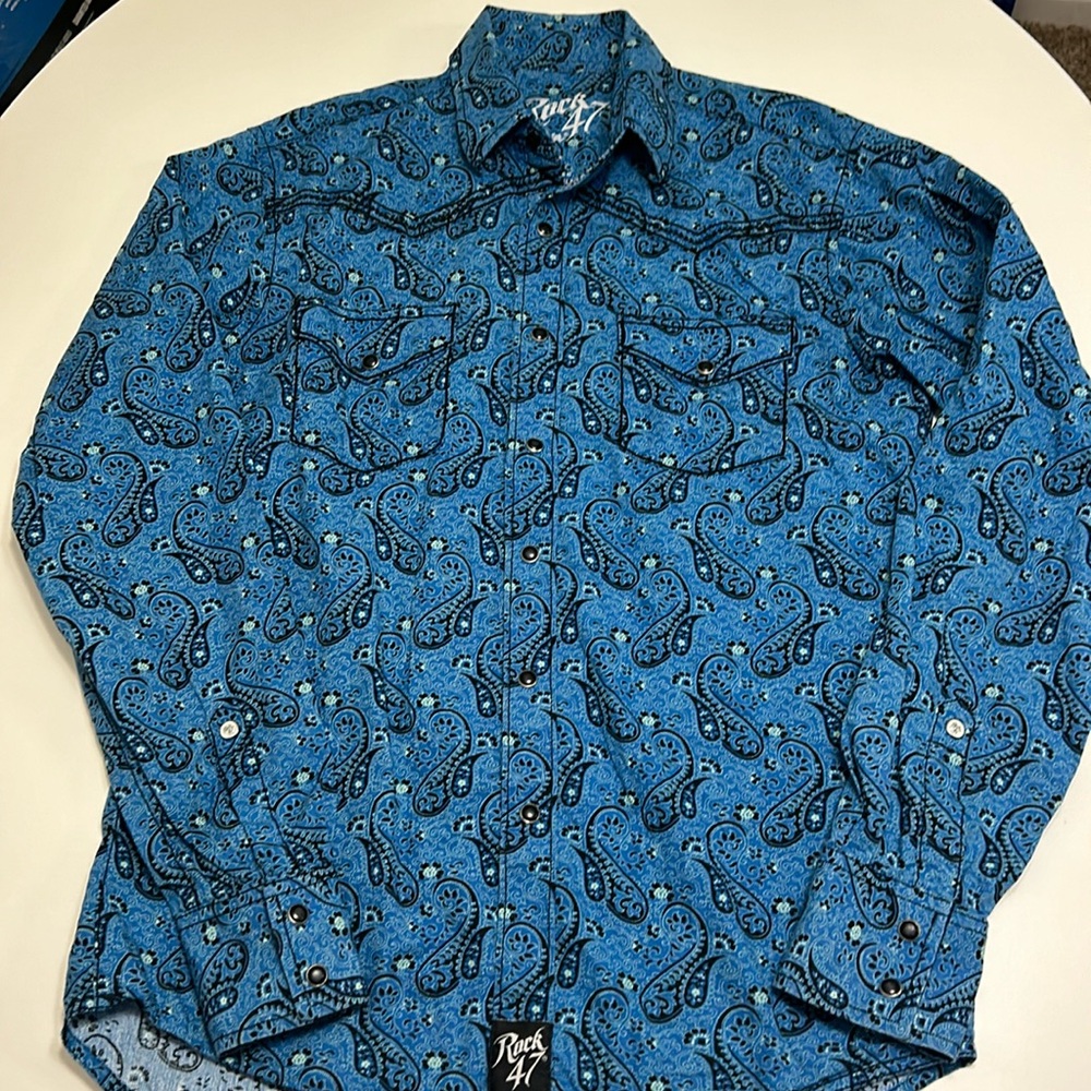 WRANGLER ROCK 47 MEN'S blue Paisley PRINT LONG SLEEVE SNAP WESTERN SHIRT small